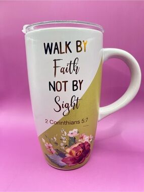 Faith Quote Ceramic Travel Mug - "Walk By Faith Not By Sight" - Floral